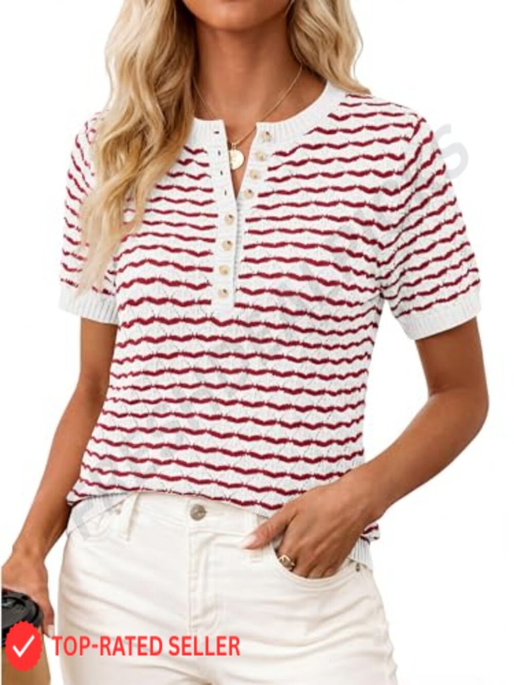 Womens Striped Short Sleeve Sweater Henley Button Knit Top